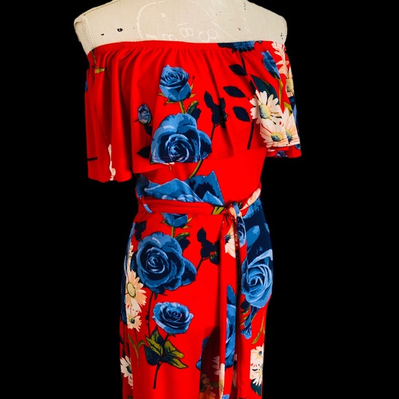 Red Floral Strapless Ruffle Flounce Top Belted Wide Leg Jumpsuit S - Picture 5 of 12